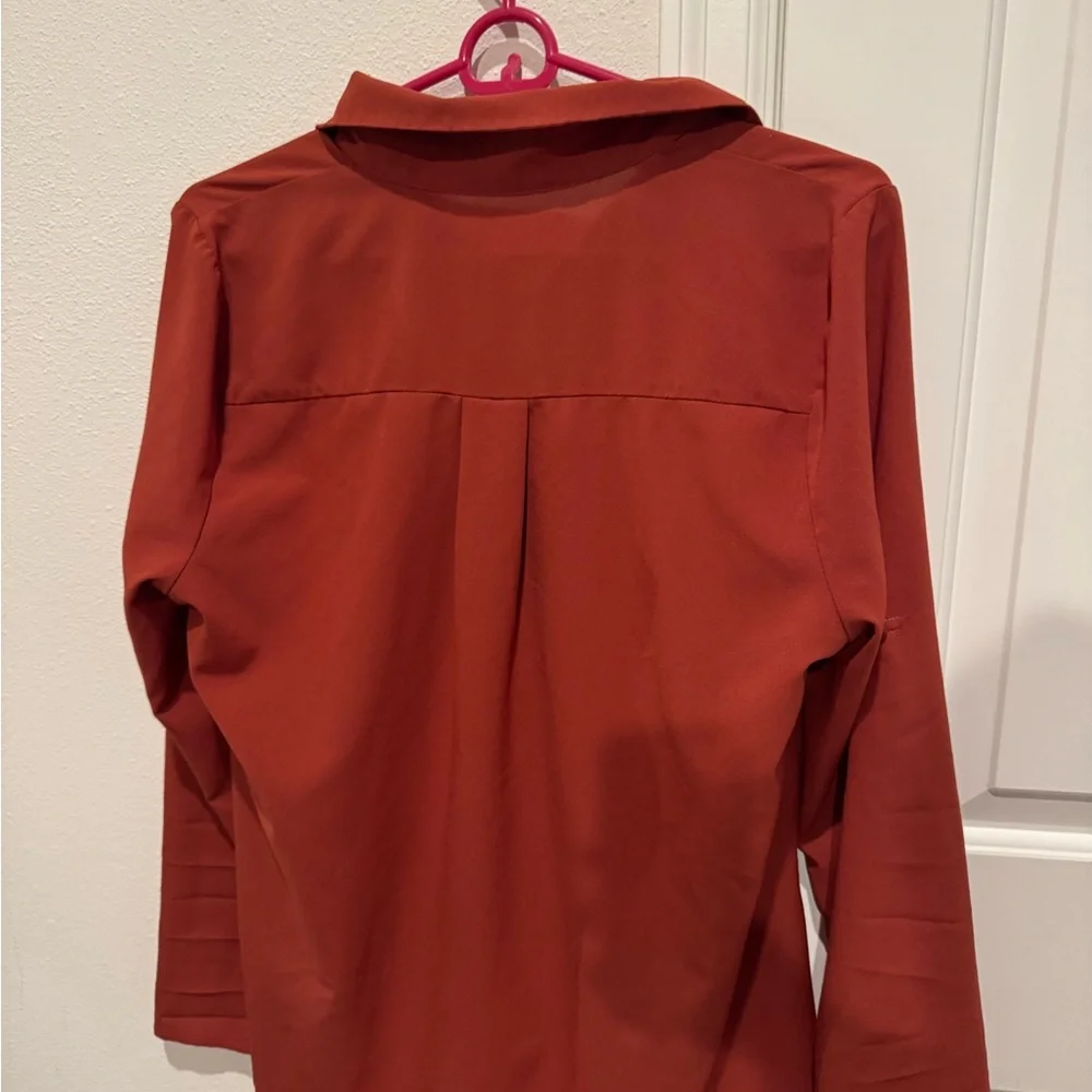Rust Button Front Blouse Hi-Low Hem Long Sleeve Size L